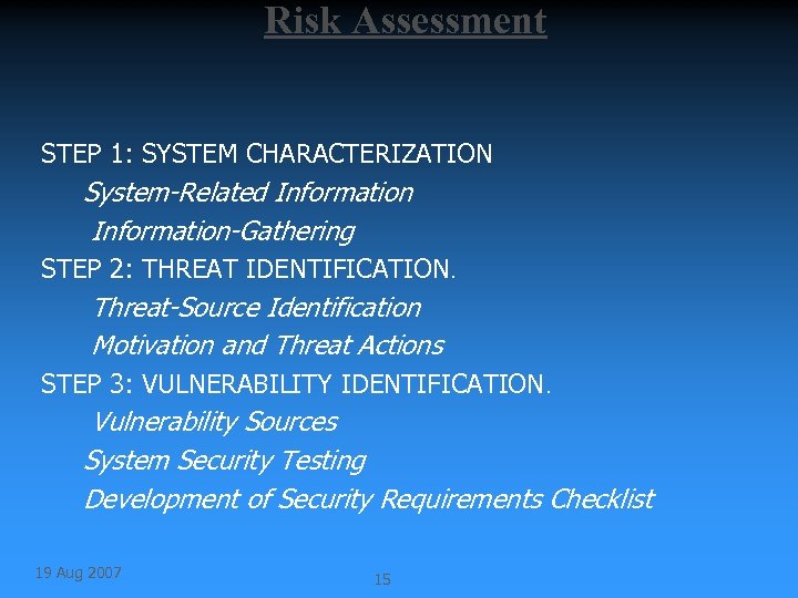 Risk Assessment STEP 1: SYSTEM CHARACTERIZATION System-Related Information-Gathering STEP 2: THREAT IDENTIFICATION. Threat-Source Identification