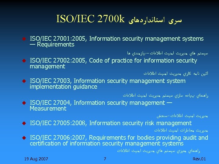 ISO/IEC 2700 k ﺳﺮی ﺍﺳﺘﺎﻧﺪﺍﺭﺩﻫﺎی u u u ISO/IEC 27001: 2005, Information security management