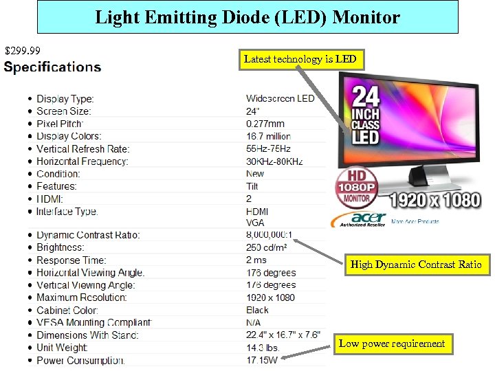 Light Emitting Diode (LED) Monitor $299. 99 Latest technology is LED High Dynamic Contrast