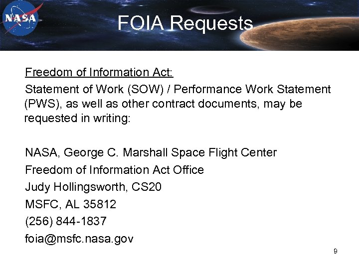 FOIA Requests Freedom of Information Act: Statement of Work (SOW) / Performance Work Statement