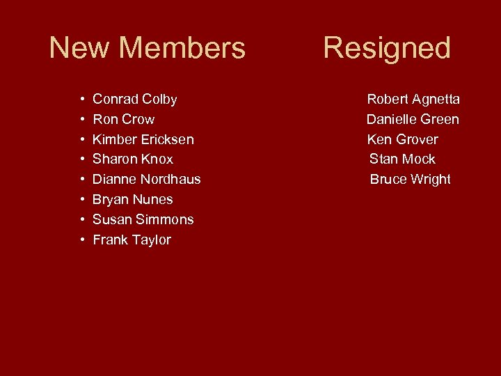 New Members • • Conrad Colby Ron Crow Kimber Ericksen Sharon Knox Dianne Nordhaus