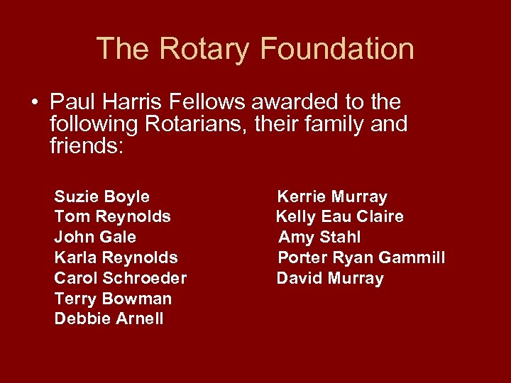 The Rotary Foundation • Paul Harris Fellows awarded to the following Rotarians, their family