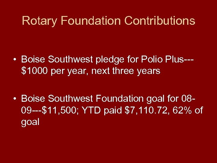 Rotary Foundation Contributions • Boise Southwest pledge for Polio Plus--$1000 per year, next three