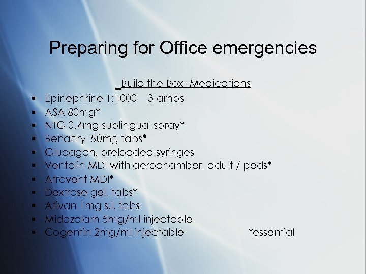 Preparing for Office emergencies Build the Box- Medications § § § Epinephrine 1: 1000