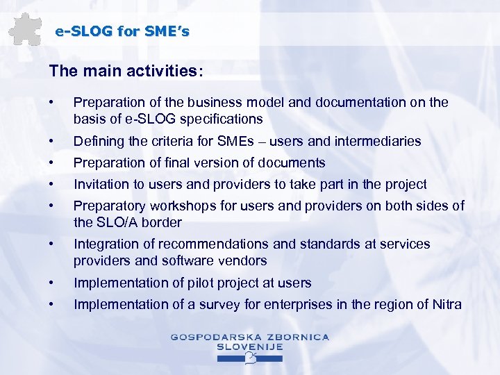 e-SLOG for SME’s The main activities: • Preparation of the business model and documentation