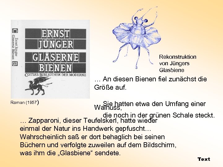 Rekonstruktion von Jüngers Glasbiene … An diesen Bienen fiel zunächst die Größe auf. Roman