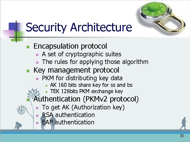 Security Architecture n Encapsulation protocol n n n A set of cryptographic suites The
