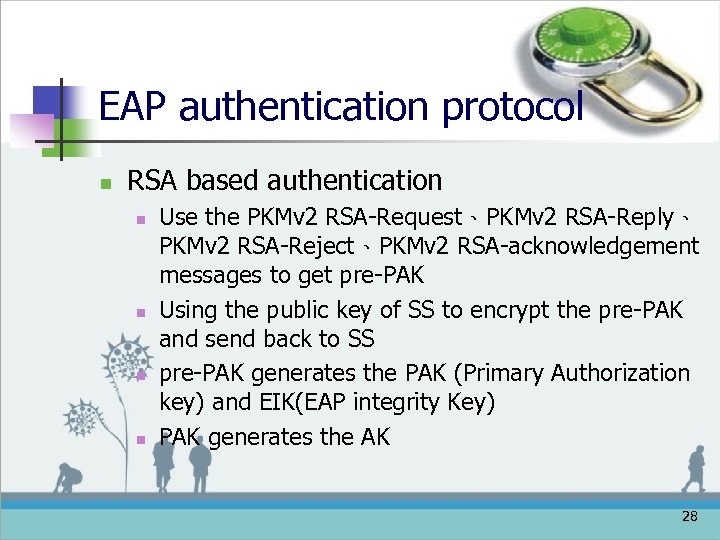 EAP authentication protocol n RSA based authentication n n Use the PKMv 2 RSA-Request、PKMv