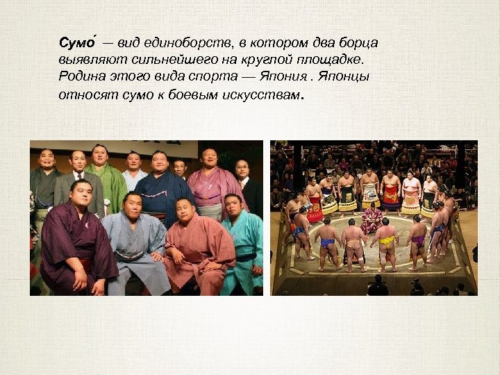 Сумо — вид единоборств, в котором два борца выявляют сильнейшего на круглой площадке. Родина