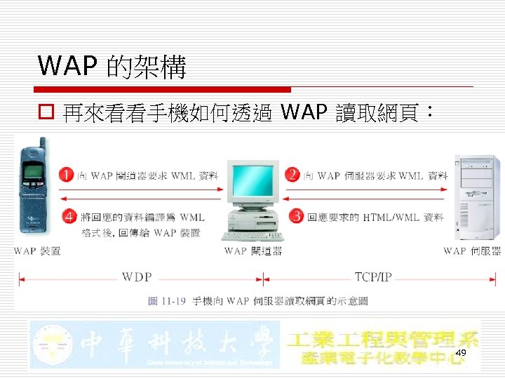 WAP 的架構 o 再來看看手機如何透過 WAP 讀取網頁： 49 