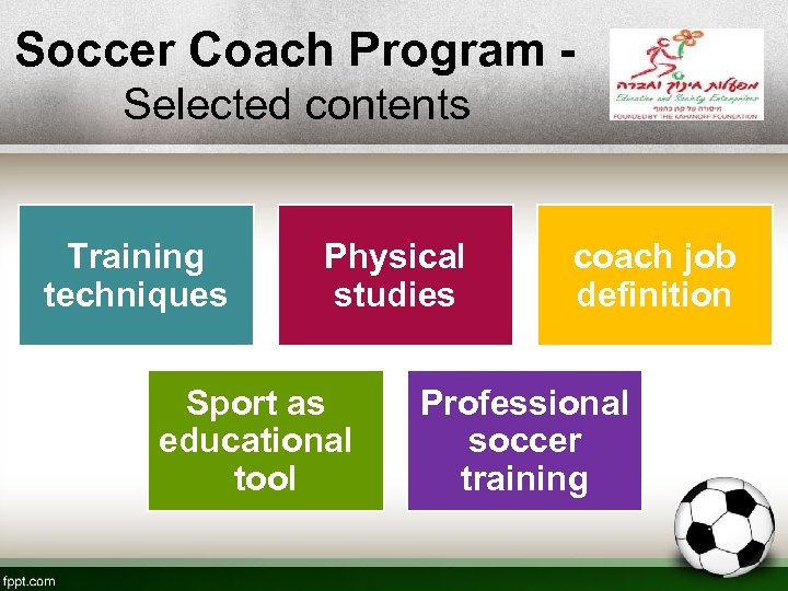 Soccer Coach Program Selected contents Training techniques Physical studies Sport as educational tool coach