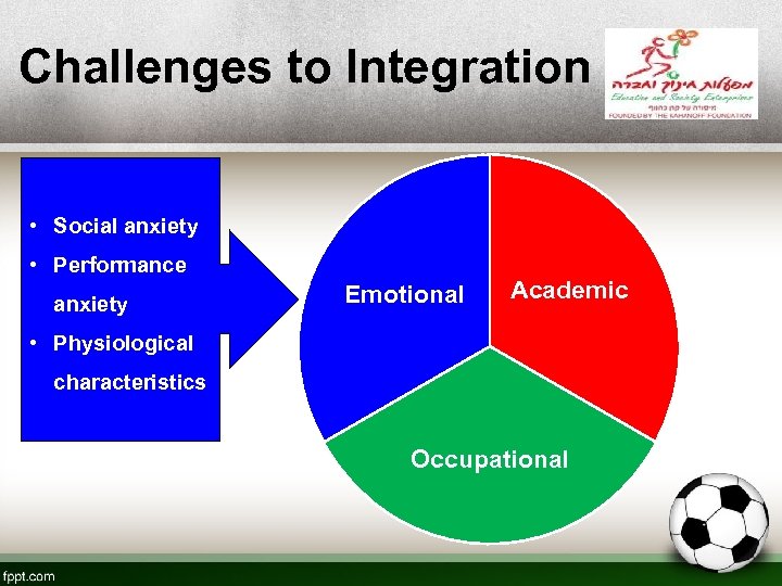 Challenges to Integration • Social anxiety • Performance anxiety Emotional Academic • Physiological characteristics