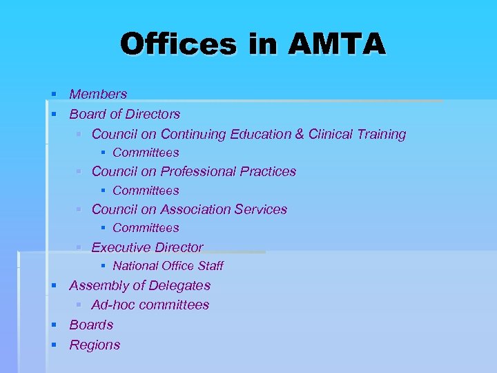 Offices in AMTA § Members § Board of Directors § Council on Continuing Education