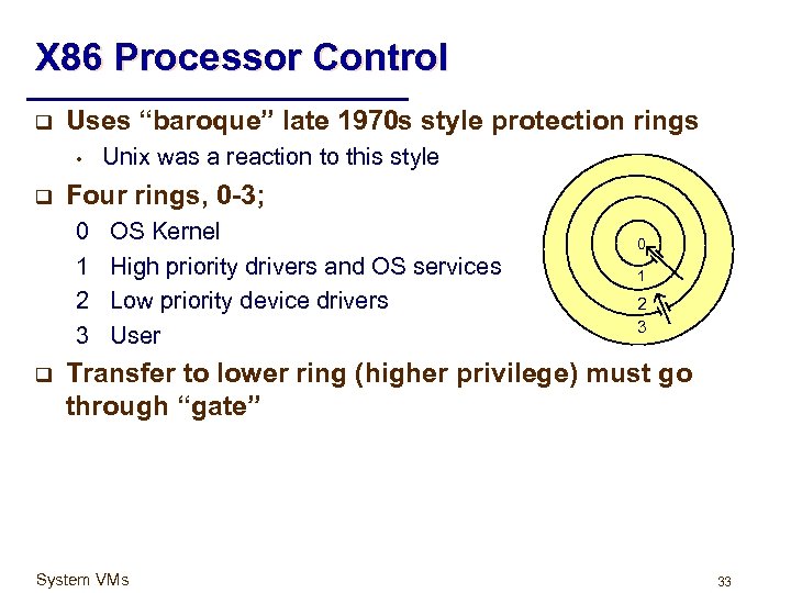 X 86 Processor Control q Uses “baroque” late 1970 s style protection rings •