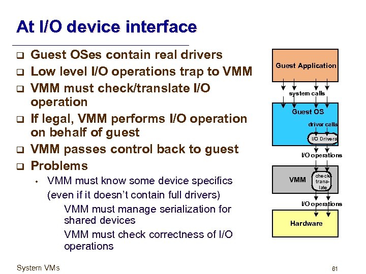 At I/O device interface q q q Guest OSes contain real drivers Low level