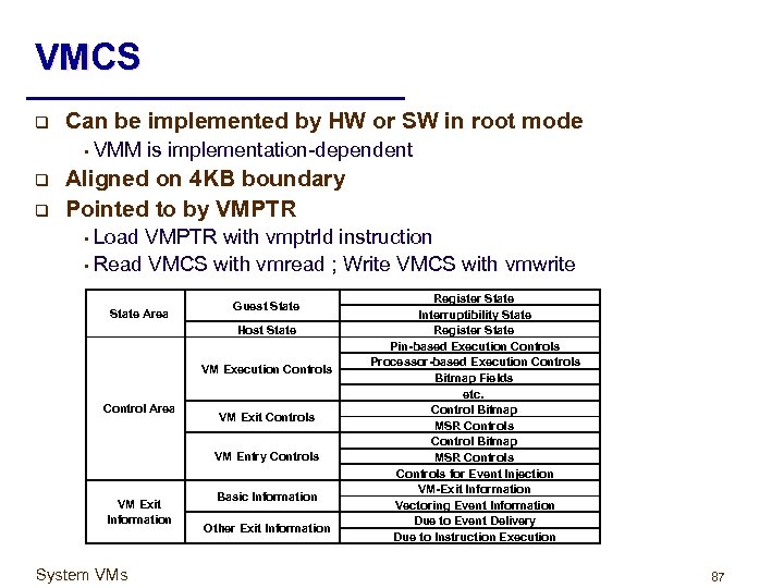 VMCS q Can be implemented by HW or SW in root mode • q