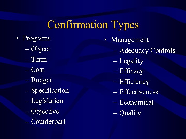 Confirmation Types • Programs – Object – Term – Cost – Budget – Specification