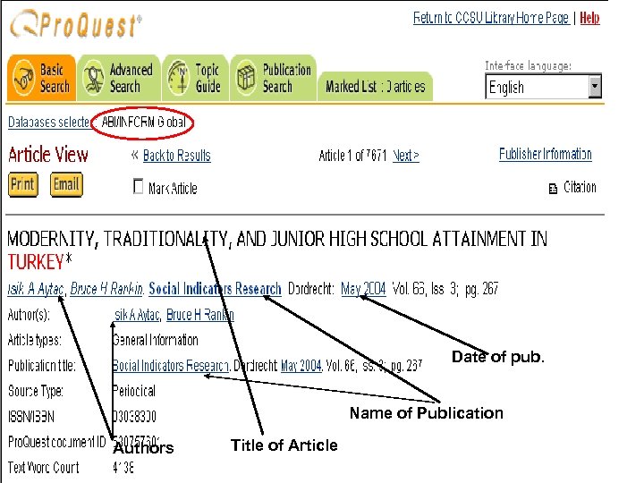 Date of pub. Name of Publication Authors Title of Article 