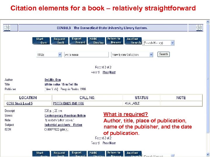 Citation elements for a book – relatively straightforward What is required? Author, title, place