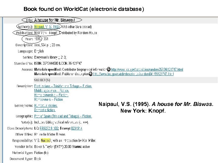 Book found on World. Cat (electronic database) Naipaul, V. S. (1995). A house for