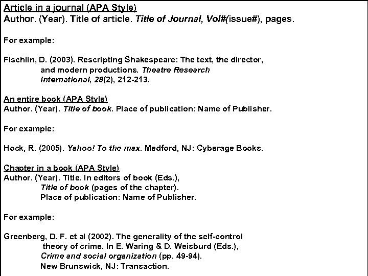 Article in a journal (APA Style) Author. (Year). Title of article. Title of Journal,