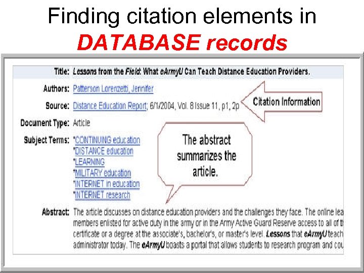 Finding citation elements in DATABASE records 