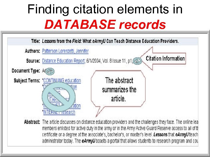 Finding citation elements in DATABASE records 