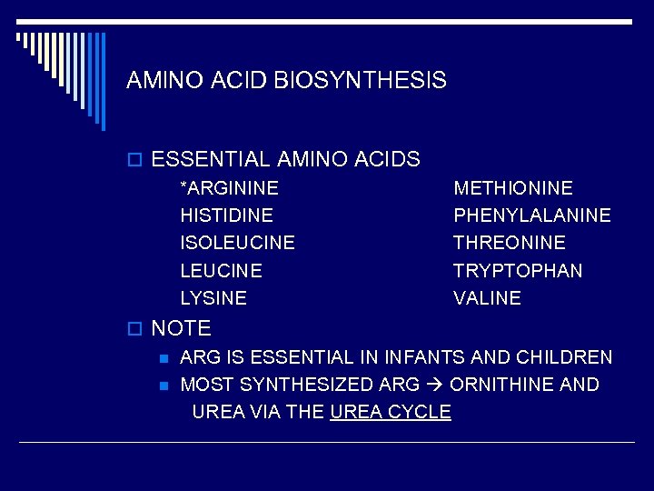 AMINO ACID BIOSYNTHESIS o ESSENTIAL AMINO ACIDS *ARGININE HISTIDINE ISOLEUCINE LYSINE METHIONINE PHENYLALANINE THREONINE