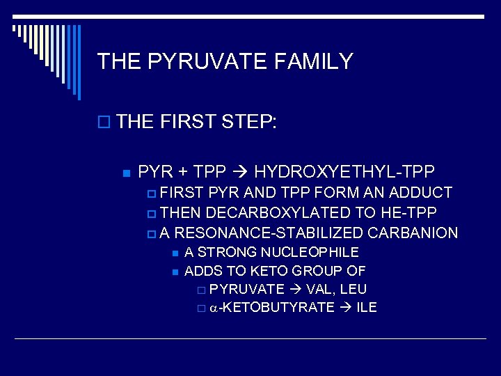 THE PYRUVATE FAMILY o THE FIRST STEP: n PYR + TPP HYDROXYETHYL-TPP p FIRST