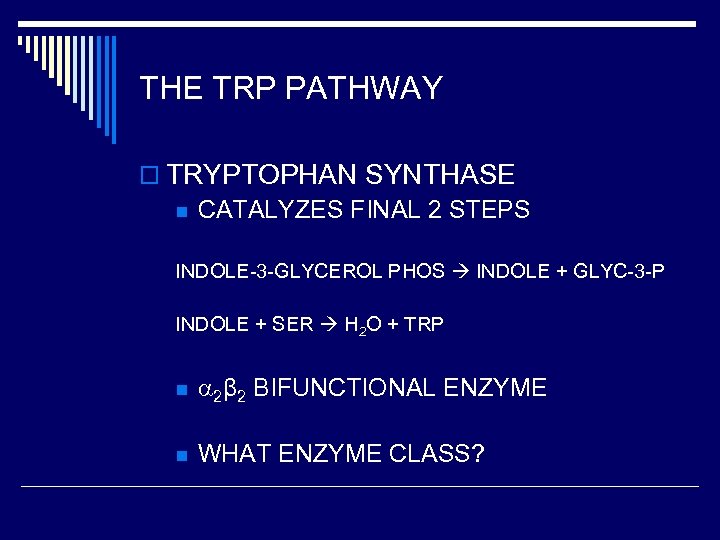 THE TRP PATHWAY o TRYPTOPHAN SYNTHASE n CATALYZES FINAL 2 STEPS INDOLE-3 -GLYCEROL PHOS