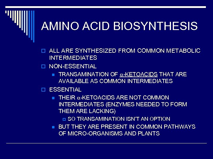 AMINO ACID BIOSYNTHESIS o ALL ARE SYNTHESIZED FROM COMMON METABOLIC INTERMEDIATES o NON-ESSENTIAL n