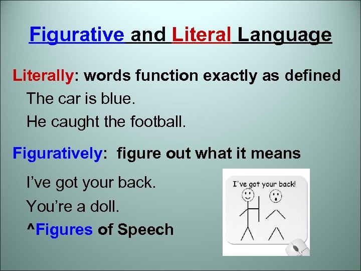 Figurative and Literal Language Literally: words function exactly as defined The car is blue.