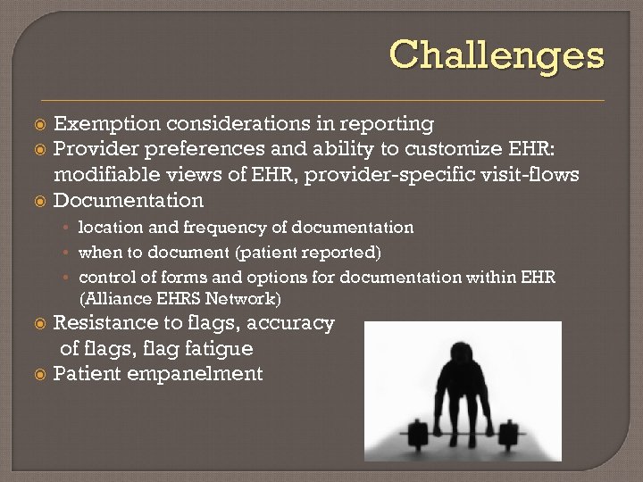 Challenges Exemption considerations in reporting Provider preferences and ability to customize EHR: modifiable views