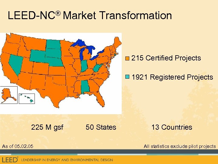 LEED-NC® Market Transformation 215 Certified Projects 1921 Registered Projects 225 M gsf As of