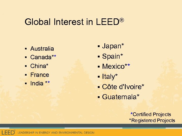 Global Interest in LEED® § Australia § Japan* § Canada** § Spain* § China*