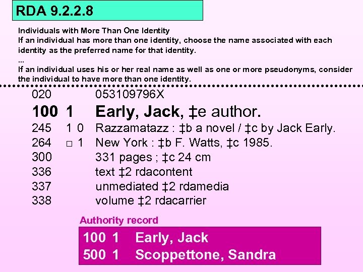 RDA 9. 2. 2. 8 Individuals with More Than One Identity If an individual