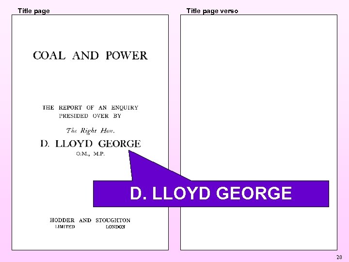 Title page verso D. LLOYD GEORGE 20 