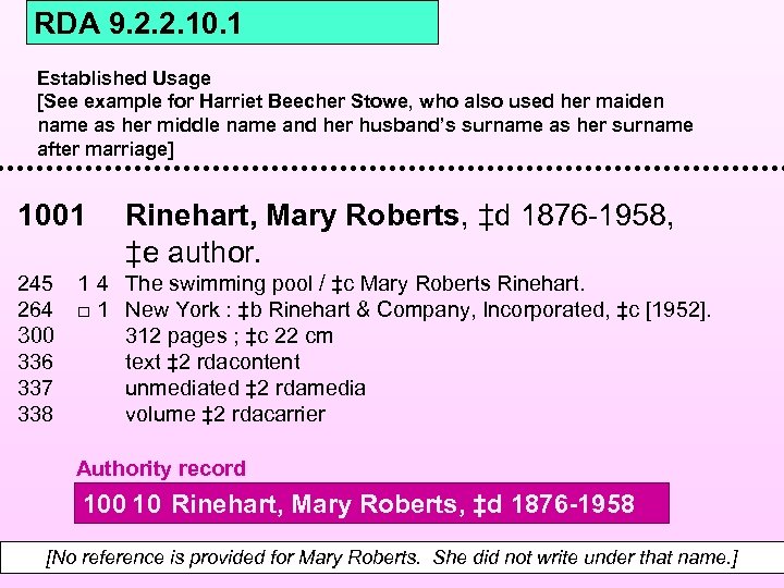 RDA 9. 2. 2. 10. 1 Established Usage [See example for Harriet Beecher Stowe,