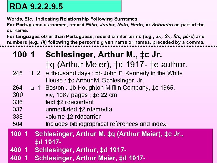 RDA 9. 2. 2. 9. 5 Words, Etc. , Indicating Relationship Following Surnames For