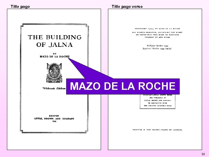 Title page verso MAZO DE LA ROCHE 30 