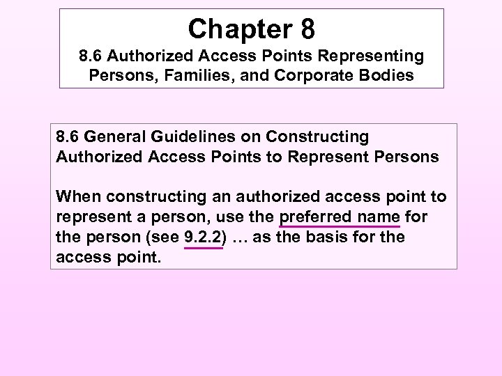 Chapter 8 8. 6 Authorized Access Points Representing Persons, Families, and Corporate Bodies 8.