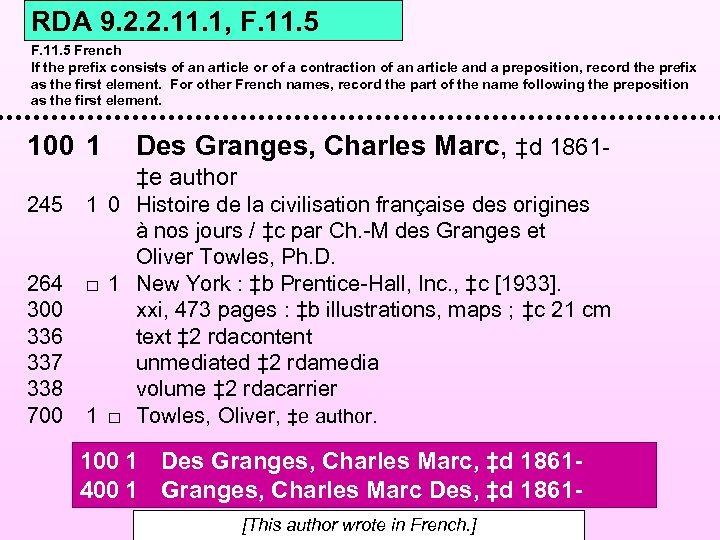 RDA 9. 2. 2. 11. 1, F. 11. 5 French If the prefix consists