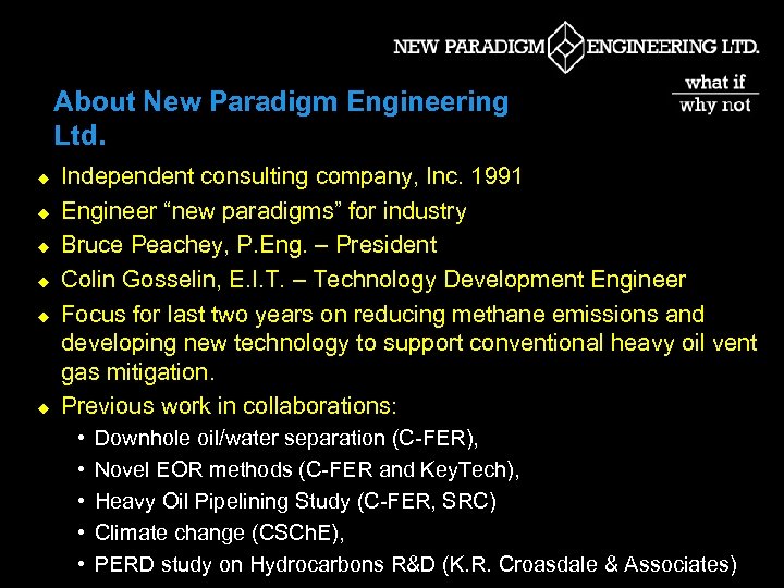 About New Paradigm Engineering Ltd. u u u Independent consulting company, Inc. 1991 Engineer