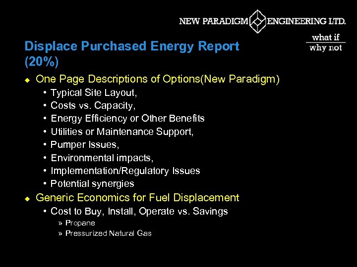 Displace Purchased Energy Report (20%) u One Page Descriptions of Options(New Paradigm) • •