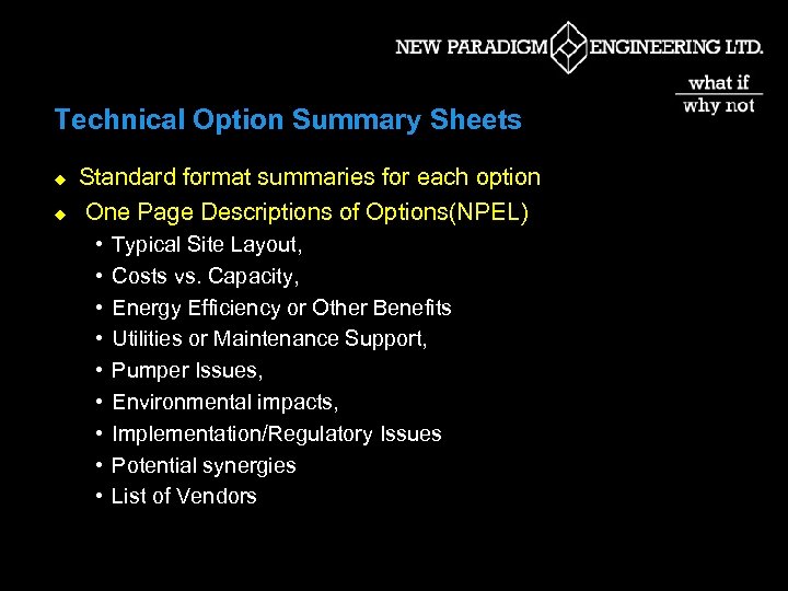 Technical Option Summary Sheets u u Standard format summaries for each option One Page