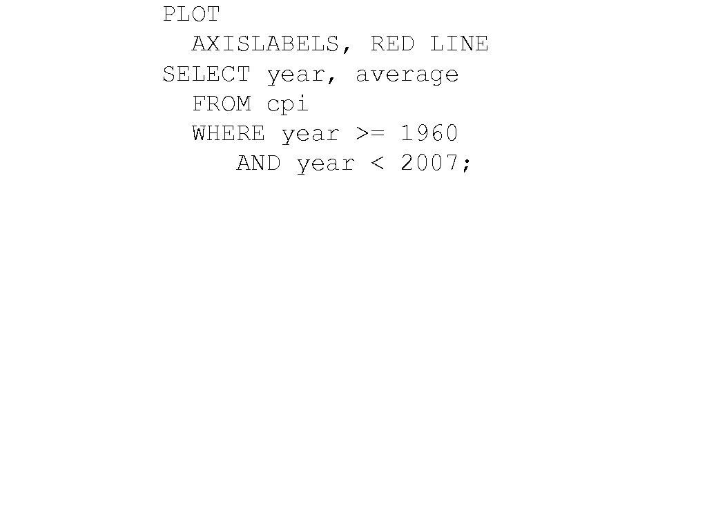PLOT AXISLABELS, RED LINE SELECT year, average FROM cpi WHERE year >= 1960 AND