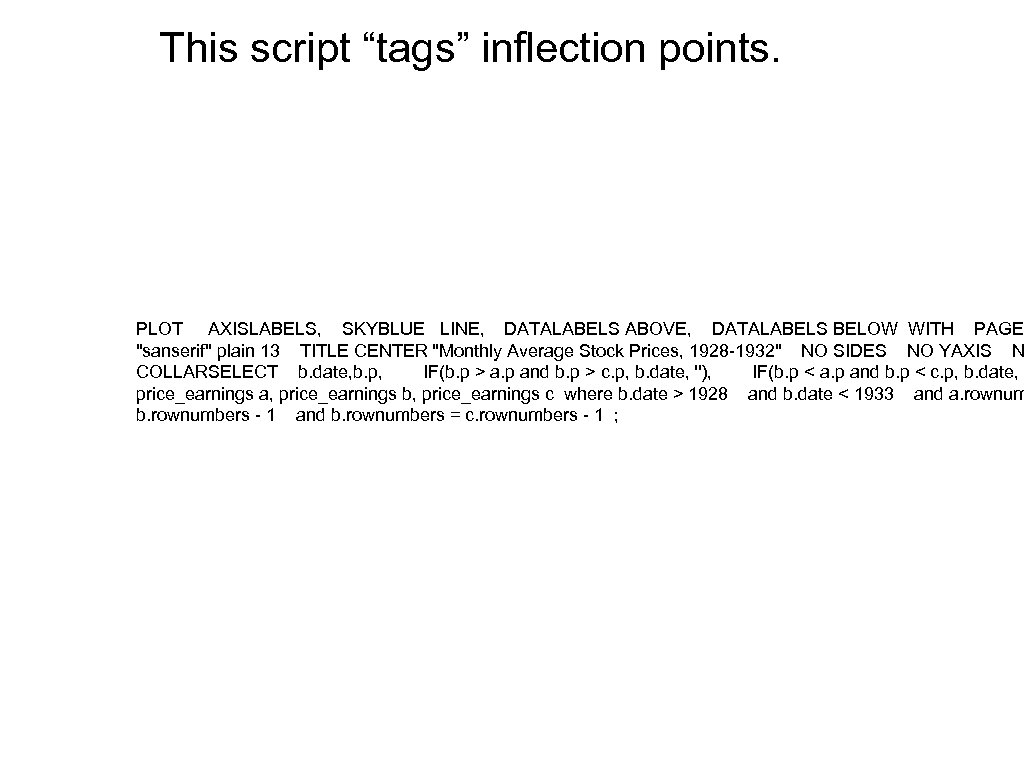This script “tags” inflection points. PLOT AXISLABELS, SKYBLUE LINE, DATALABELS ABOVE, DATALABELS BELOW WITH