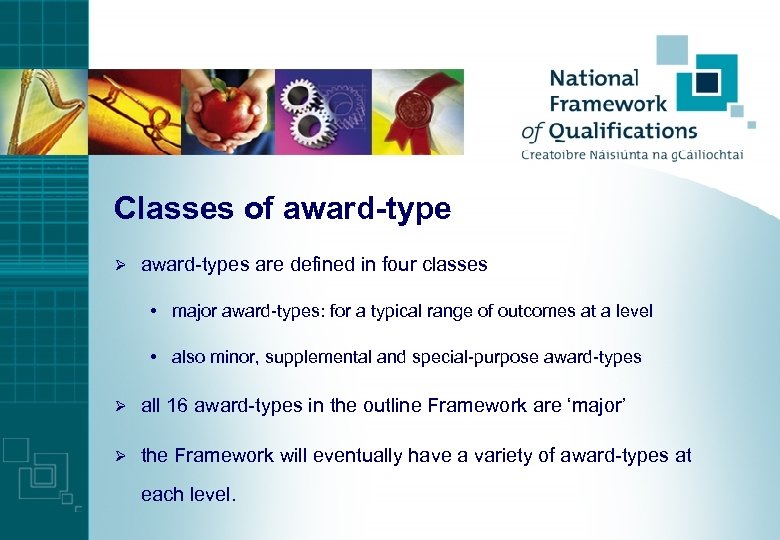 Classes of award-type Ø award-types are defined in four classes • major award-types: for