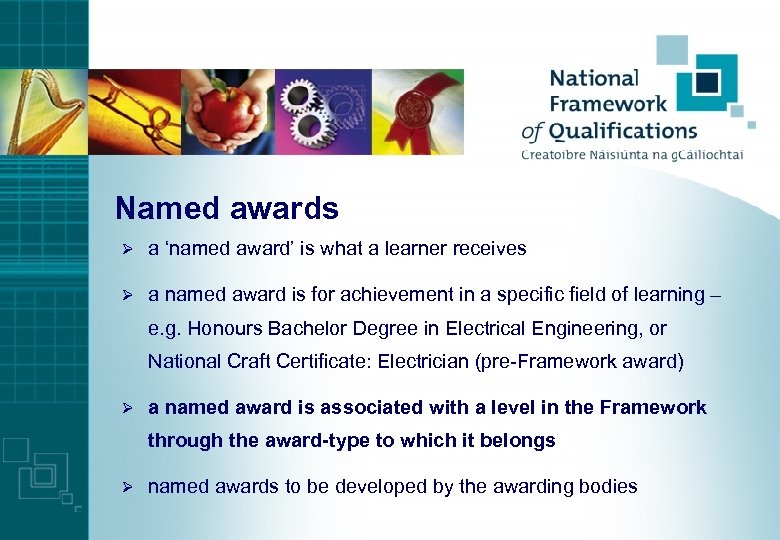 Named awards Ø a ‘named award’ is what a learner receives Ø a named