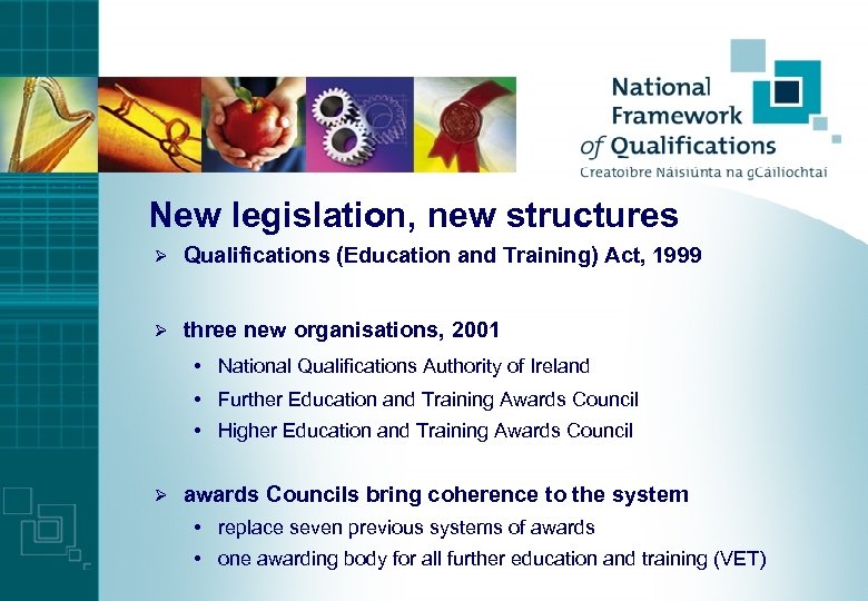 New legislation, new structures Ø Qualifications (Education and Training) Act, 1999 Ø three new